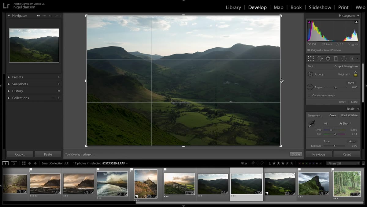 Crop overlay tool active on landscape image