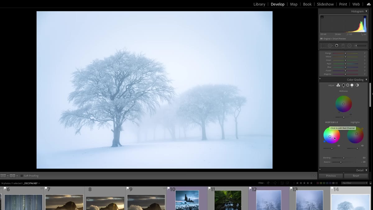 Color grading panel showing blue tones added to shadows and warm tones in highlights