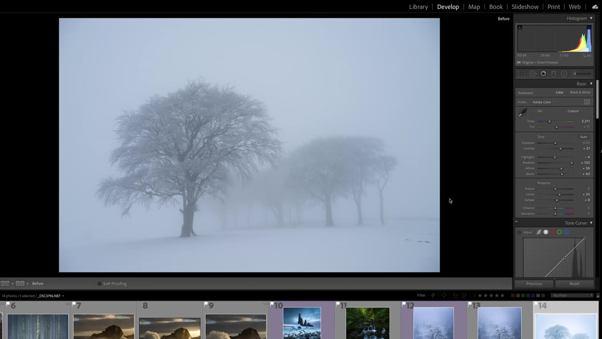 Before and after view of drab landscape versus color-graded version with warm and cool tones