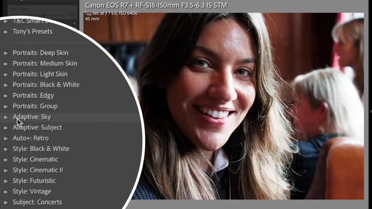 Adaptive presets panel open showing subject-only warm pop preset applied
