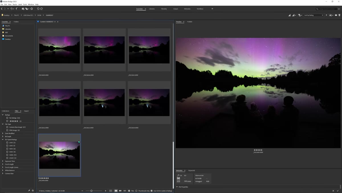 Adobe Camera Raw open with dark aurora raw file
