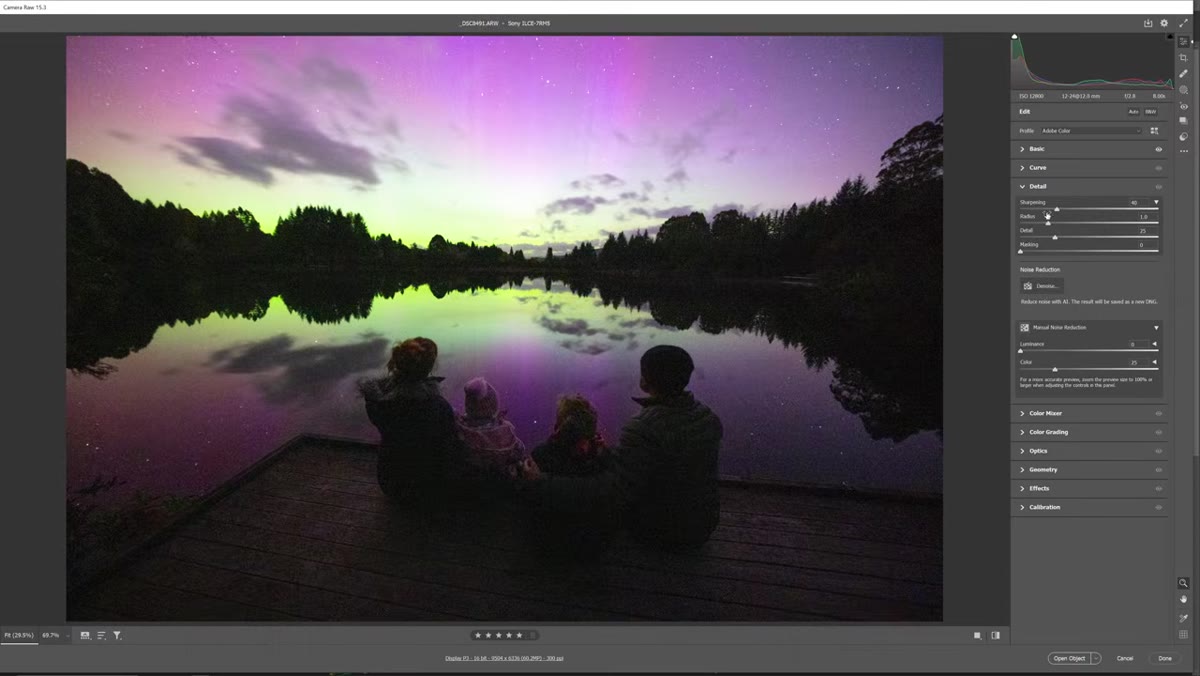 Detail tab open showing Denoise AI option in Camera Raw