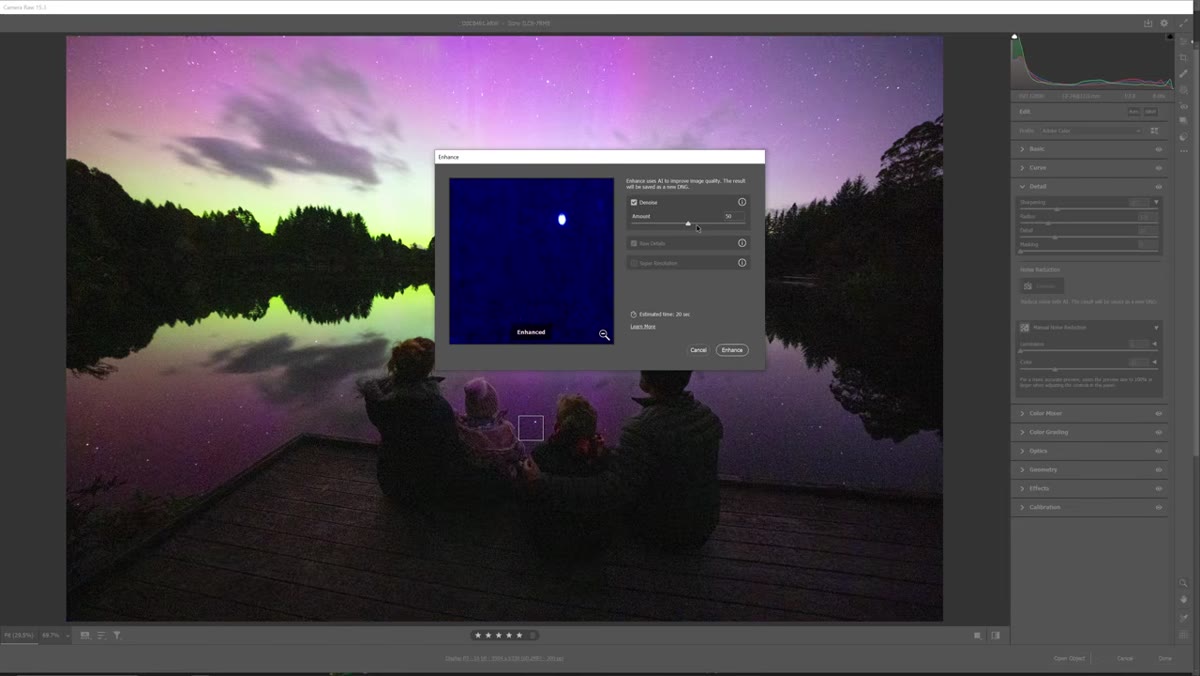 Denoise preview panel with Amount slider and before/after toggle