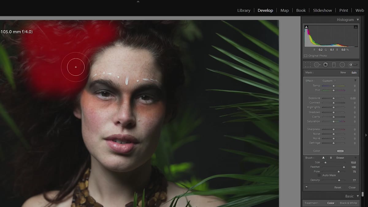 Red mask overlay painted across subject&rsquo;s hair and highlights