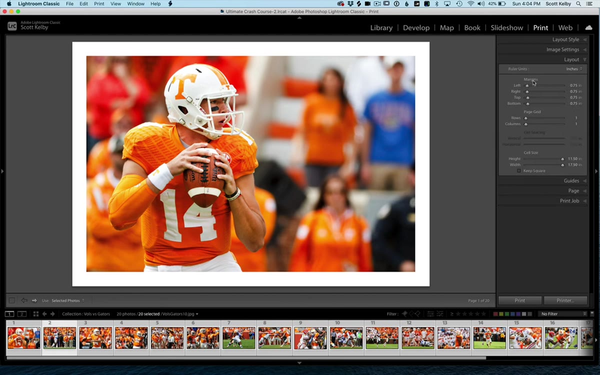 Layout panel open showing margin sliders set to three-quarter inch