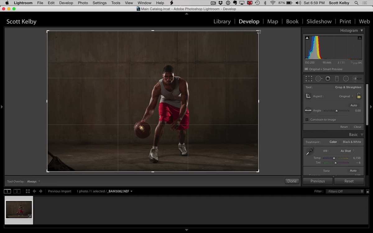 Crop tool active, rule-of-thirds grid visible over portrait