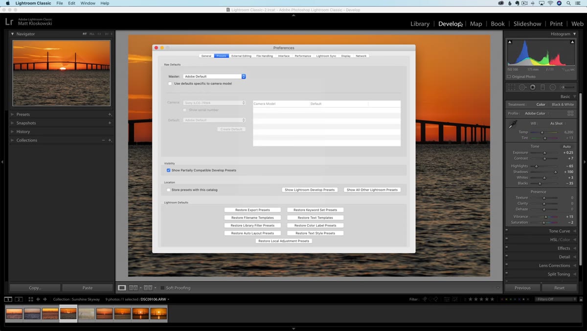 Preset dropdown in RAW Defaults showing a custom develop preset selected