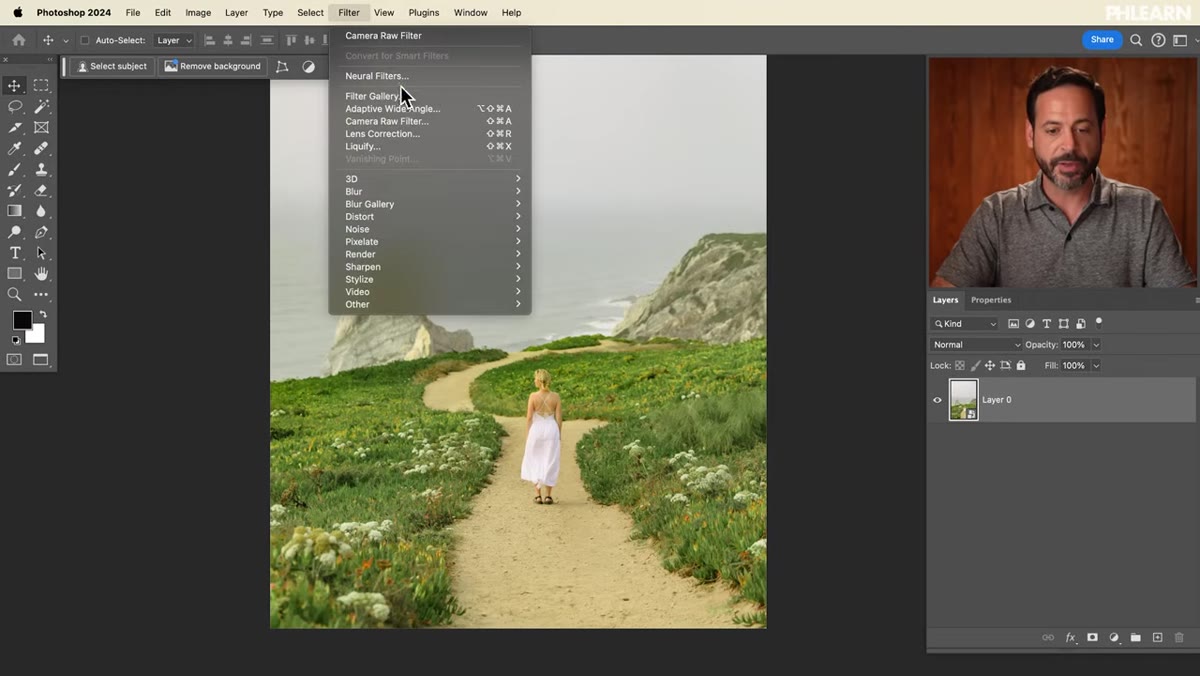 Navigating to Filter menu, selecting Camera Raw Filter
