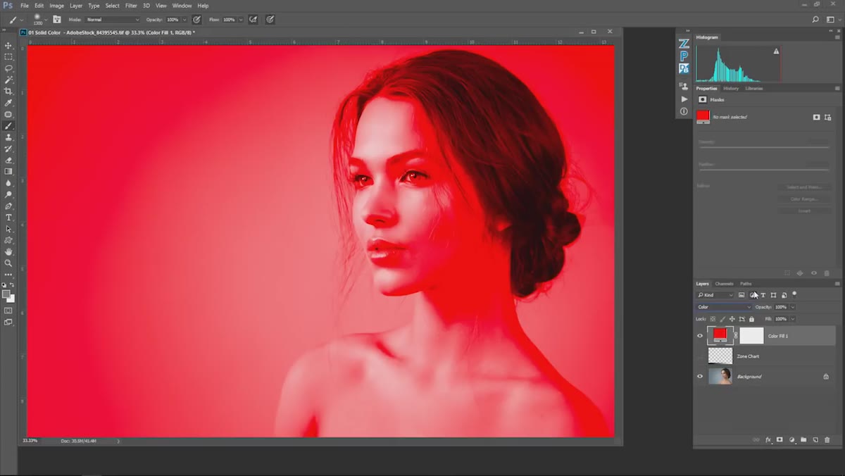 Red solid color fill applied with Color blend mode active