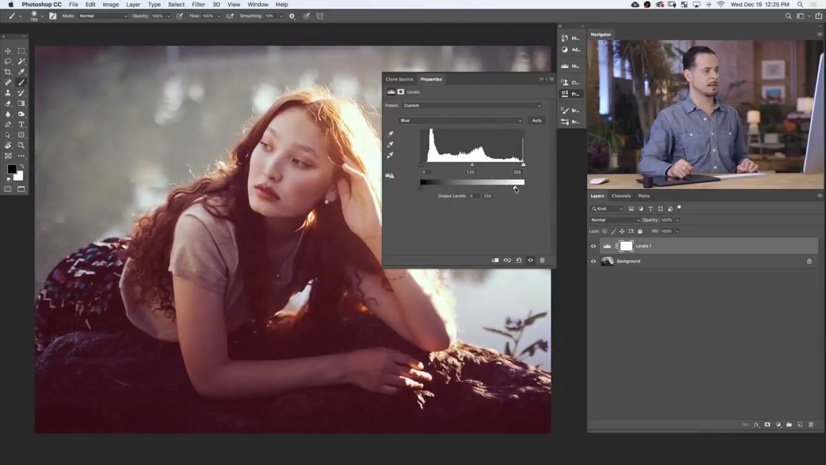 Blue channel selected with highlight and shadow sliders being adjusted