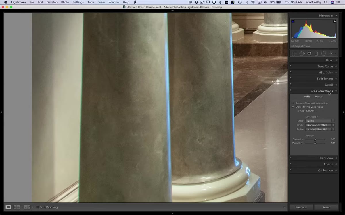 Lens Corrections panel showing green fringe on column edge before correction