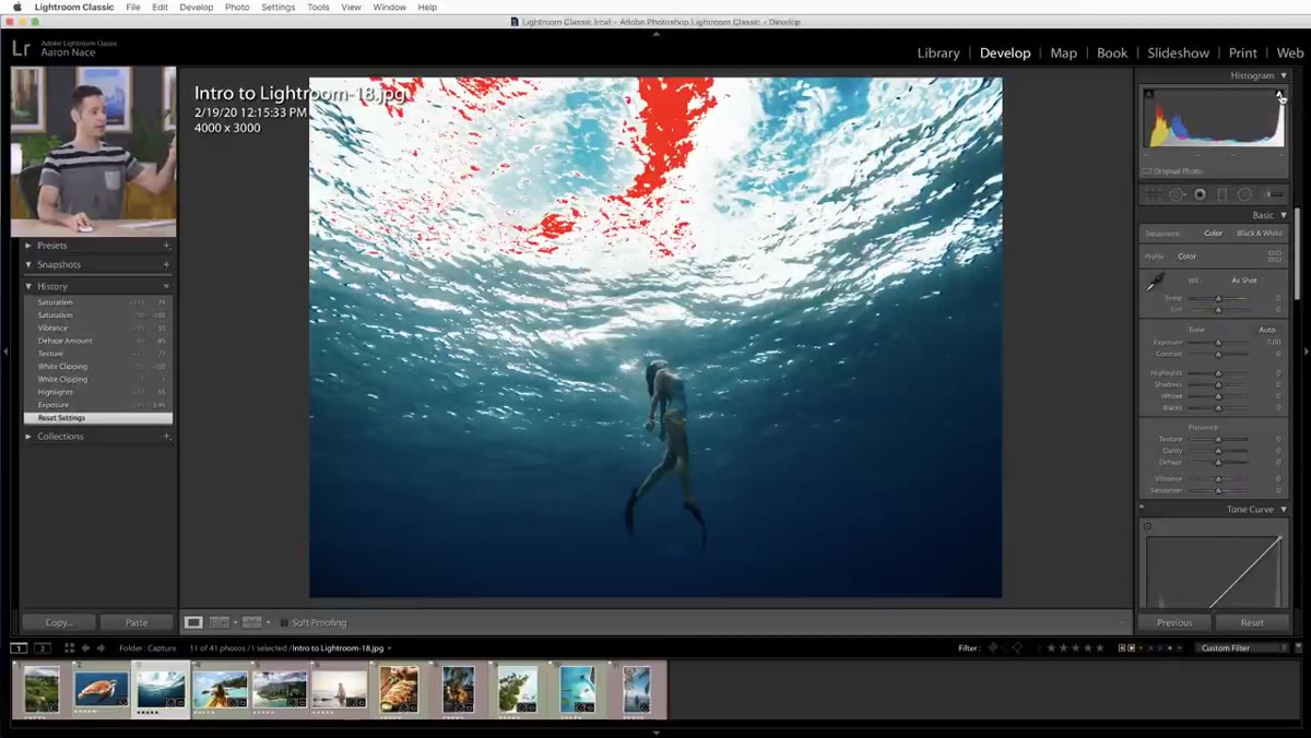 Highlights slider being pulled left in the Basic panel