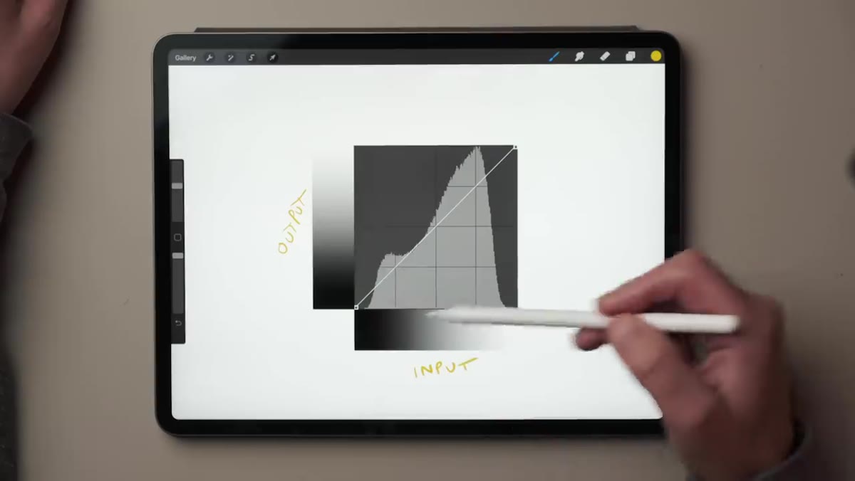 Straight diagonal tone curve overlaid on histogram