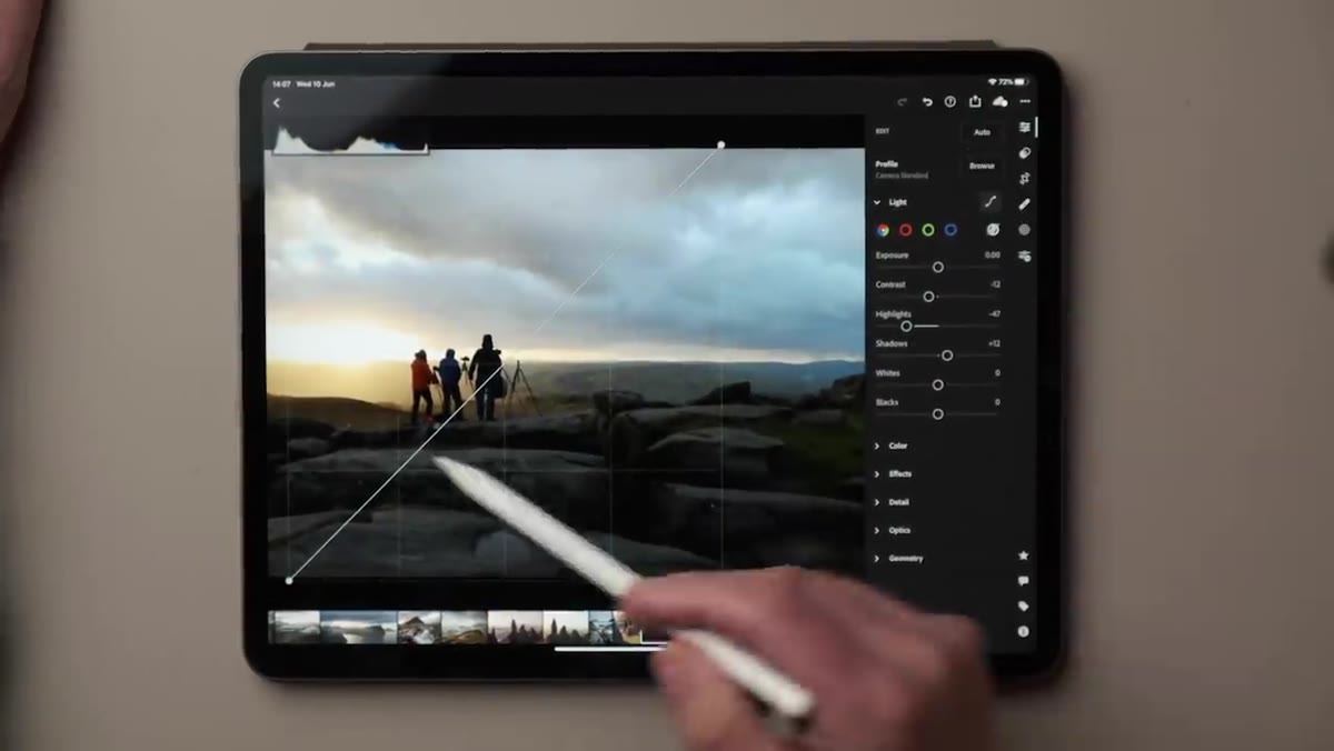 Lightroom interface showing tone curve applied to workshop sunset photo