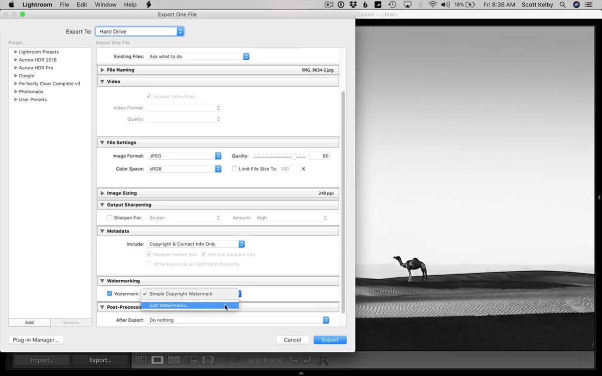 Edit Watermarks option selected in the watermark dropdown menu