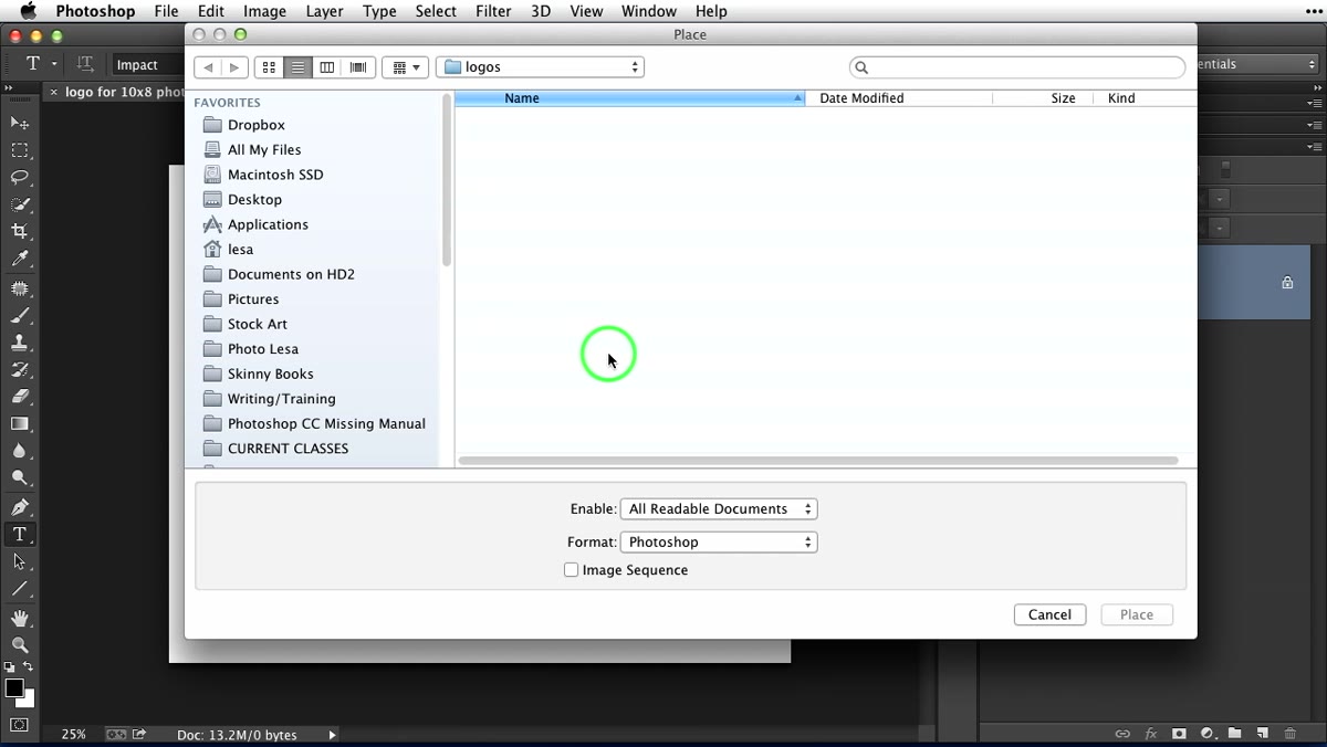 Logo placed in Photoshop as a smart object with transform handles visible