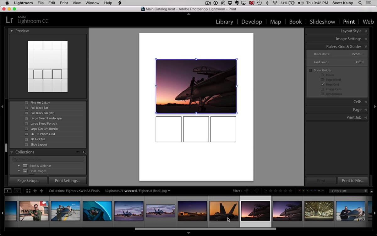 Aerial photos being dragged from filmstrip into print layout cells