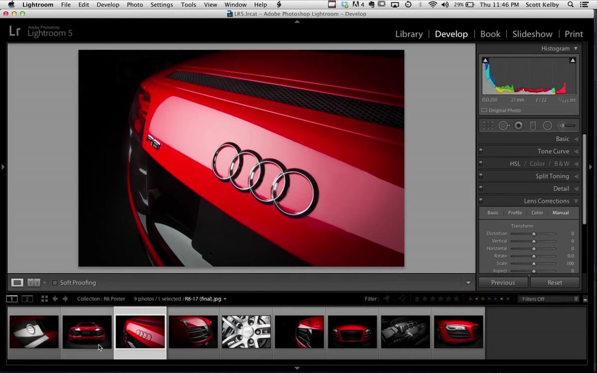 Nine R8 images selected in Lightroom&rsquo;s Library grid view