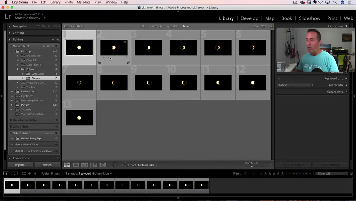 Lightroom grid showing multiple eclipse phase images selected