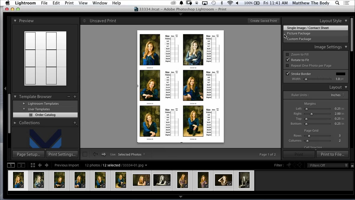 Single image contact sheet layout selected in Print module