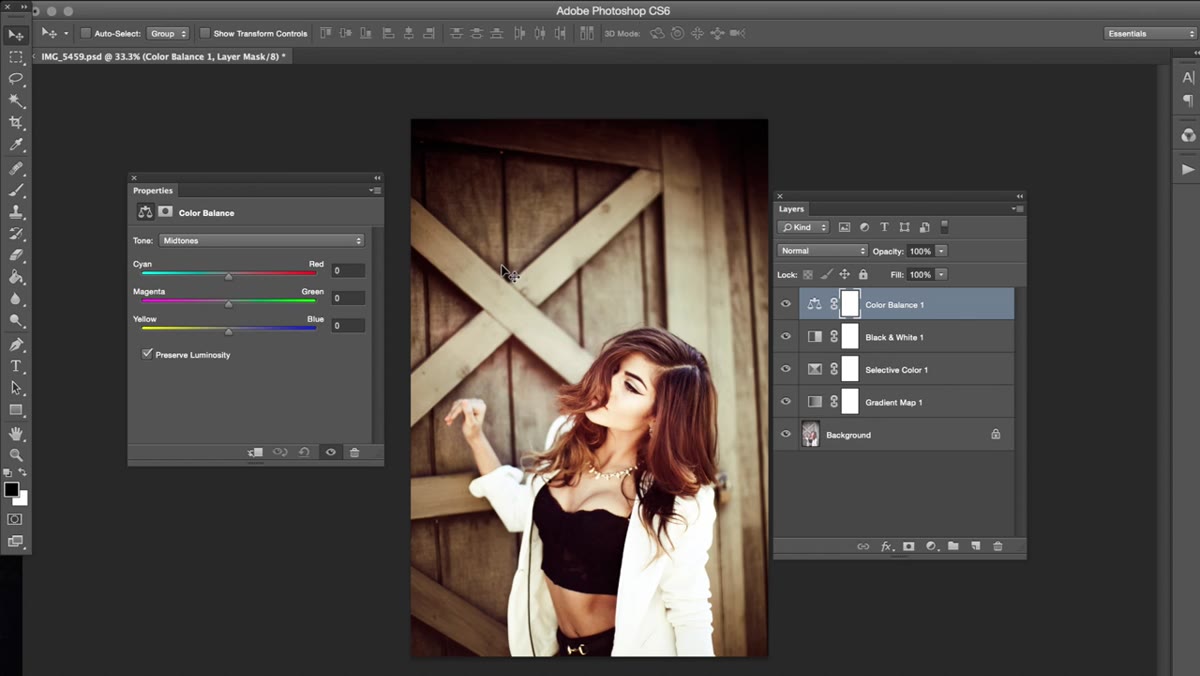 Color Balance panel showing Midtones, Highlights, Shadows tabs