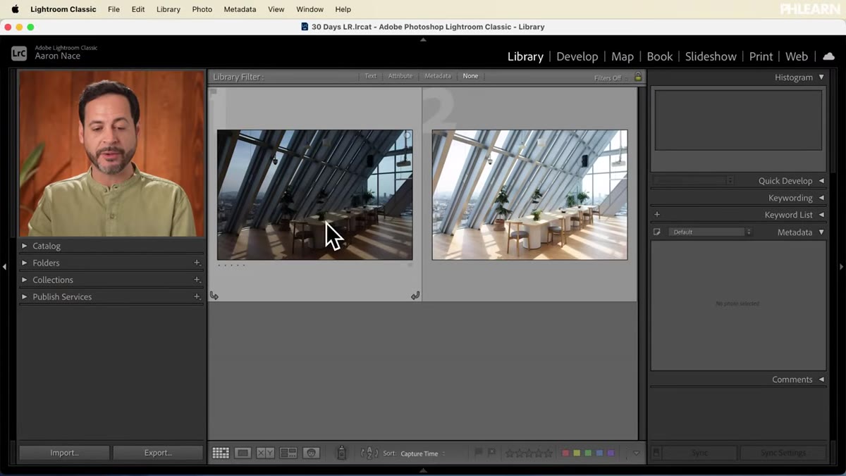Two RAW bracketed images displayed side by side in Lightroom grid