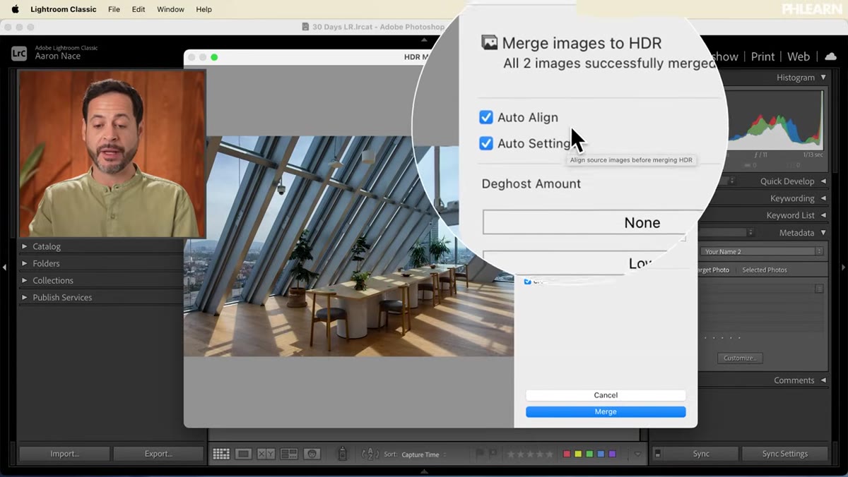 HDR Merge Preview dialog with Auto Align and Auto Settings checkboxes