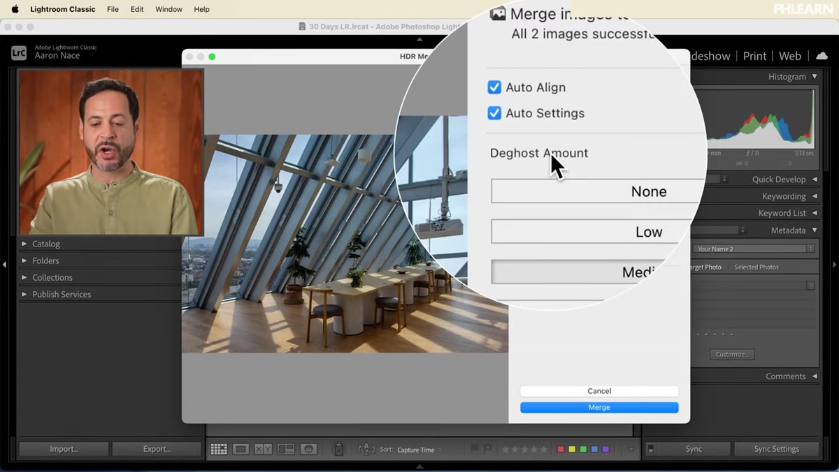 Deghost Amount slider options shown in HDR Merge Preview dialog