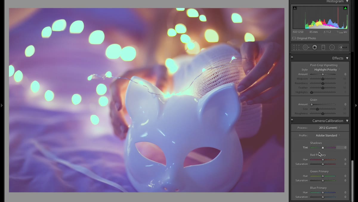 Camera calibration panel open with sliders being adjusted