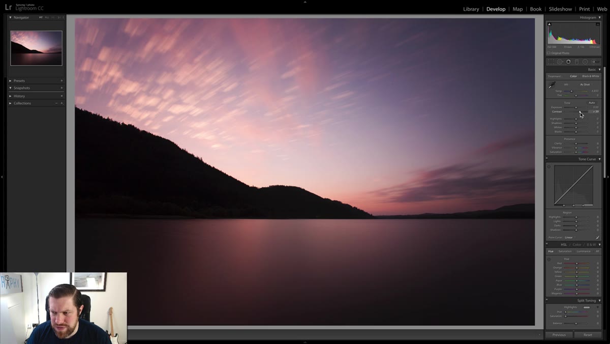 Basic panel, Contrast slider being dragged to around 34