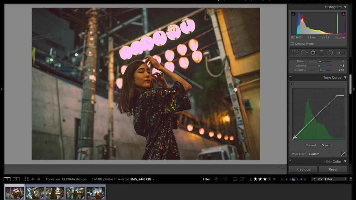 Green channel curve pulled down in Tone Curve panel