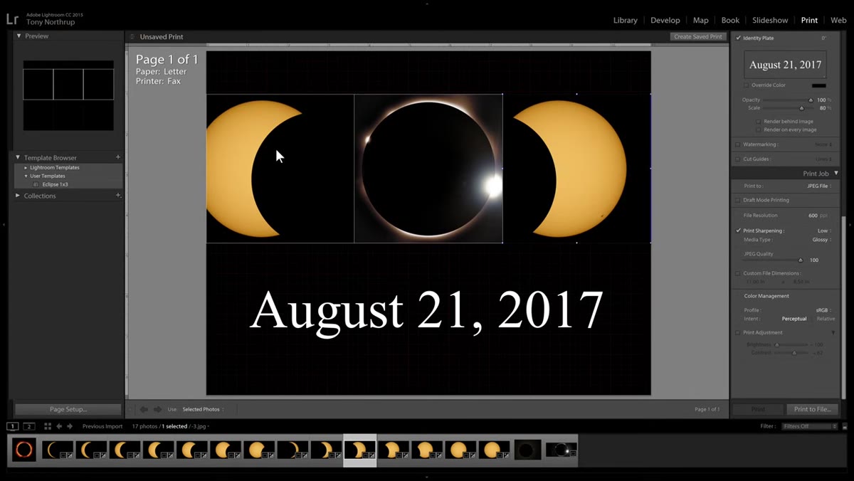 Print module showing date text field below the eclipse image strip