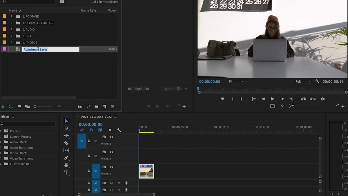 New adjustment layer dragged above footage in Premiere timeline