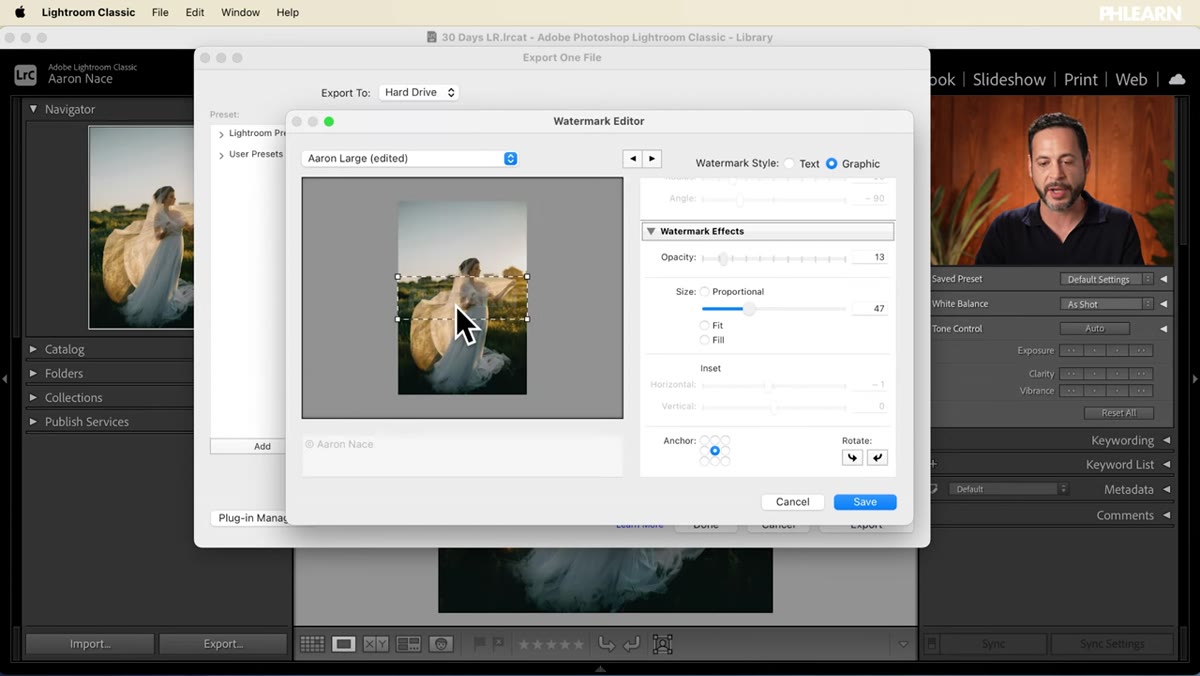 Save button in watermark editor, preset name field visible