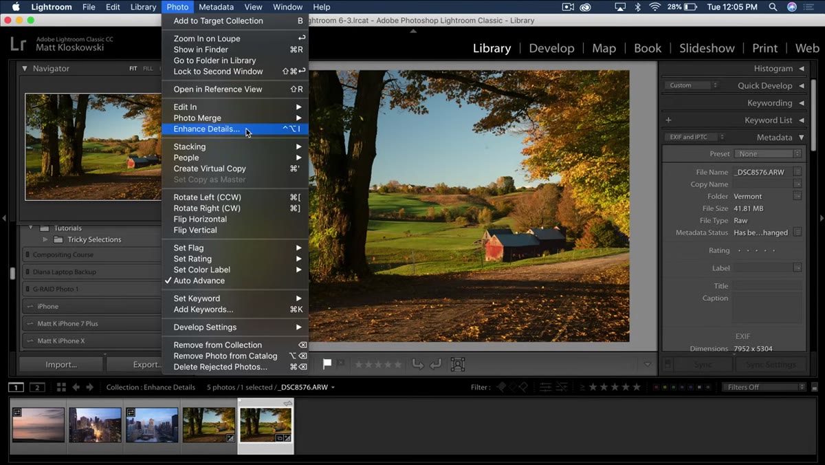 Photo menu open with Enhance Details option visible