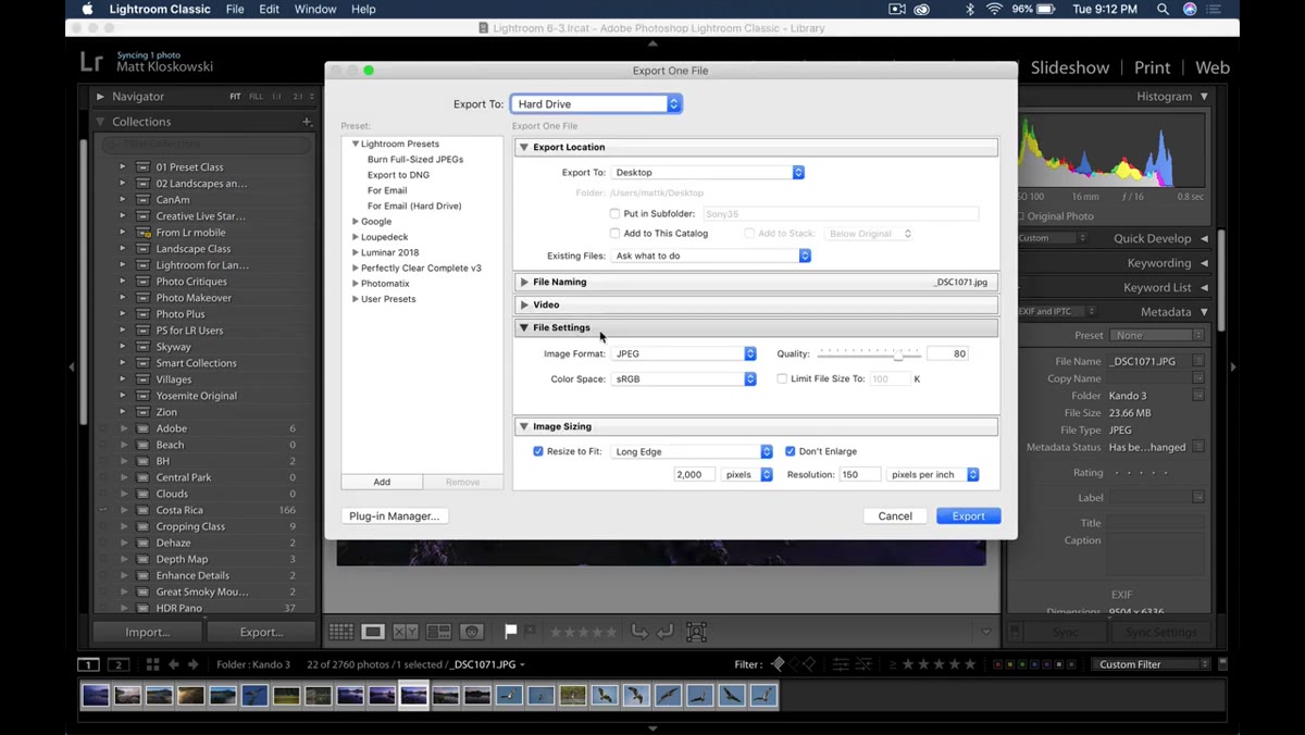 Export dialog open with PNG selected in the File Settings format dropdown