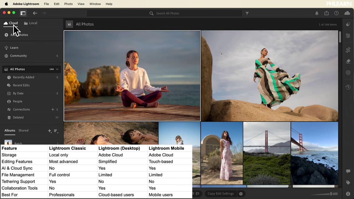 Lightroom cloud app interface with streamlined panel layout