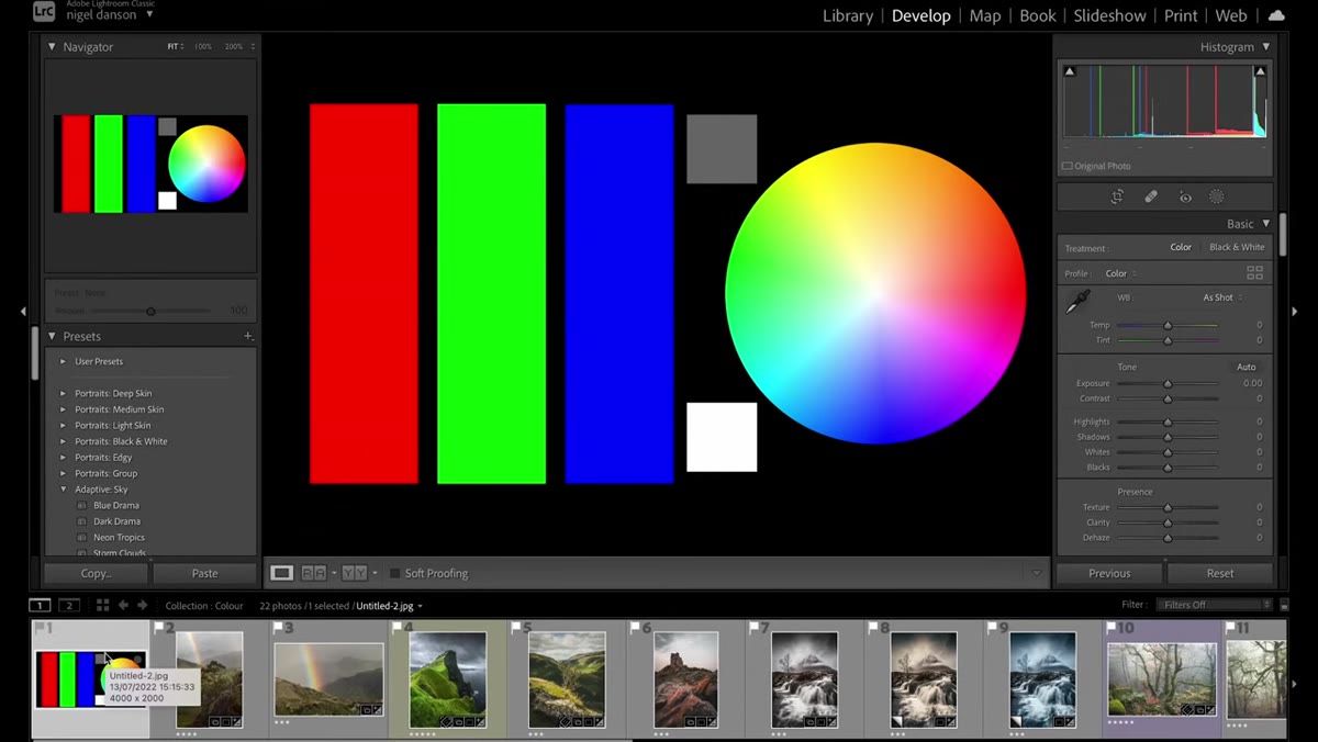 Test image showing pure red, green, blue swatches and color wheel
