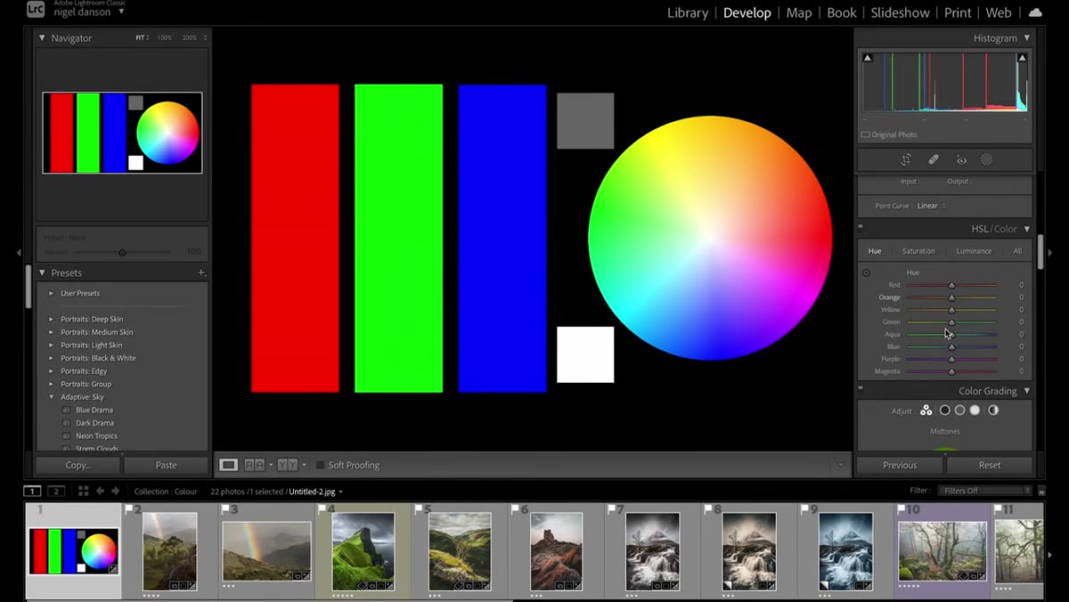 Saturation slider boosting blue, color wheel showing shift from edge toward center