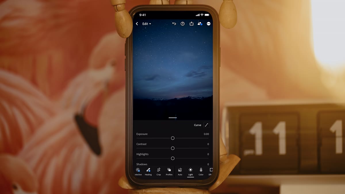 Underexposed astrophotography image open in Lightroom Mobile