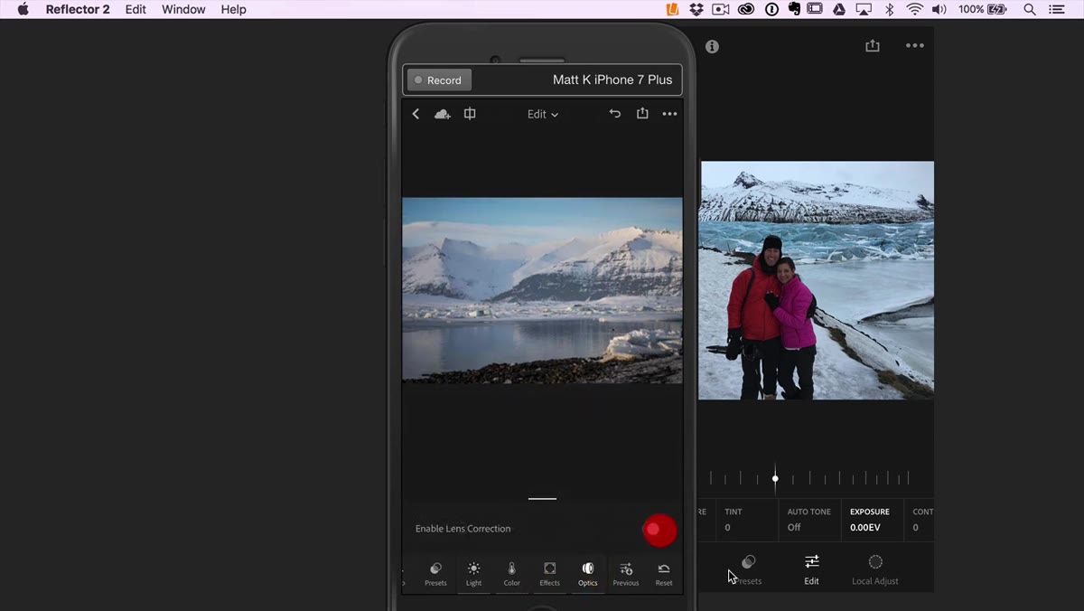 Optics panel open showing lens correction options