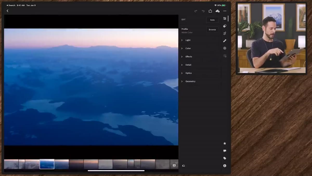 Lightroom mobile Light panel open on a landscape photo