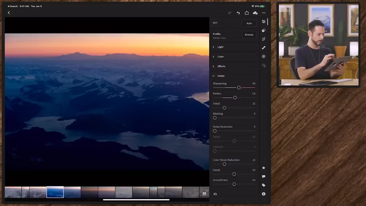 Sharpening controls visible in Lightroom mobile detail panel