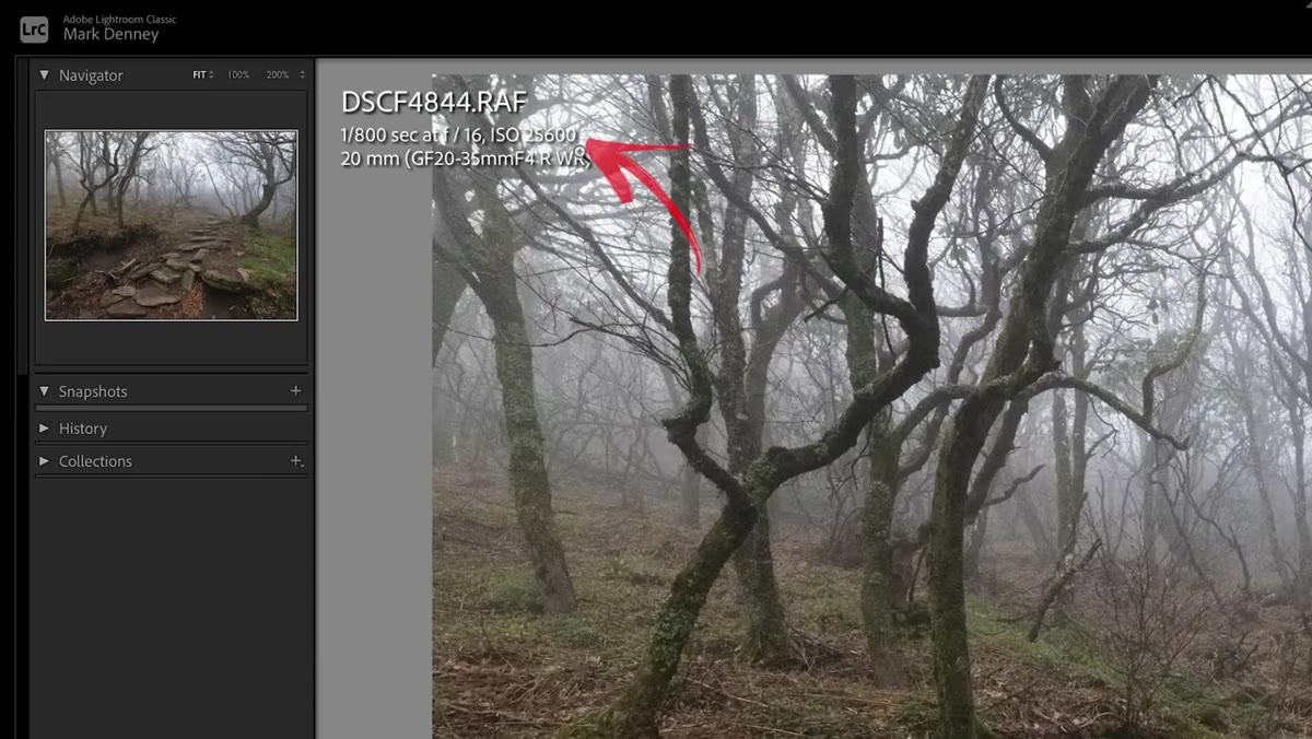 Lightroom panel showing ISO 25600 metadata for landscape photo