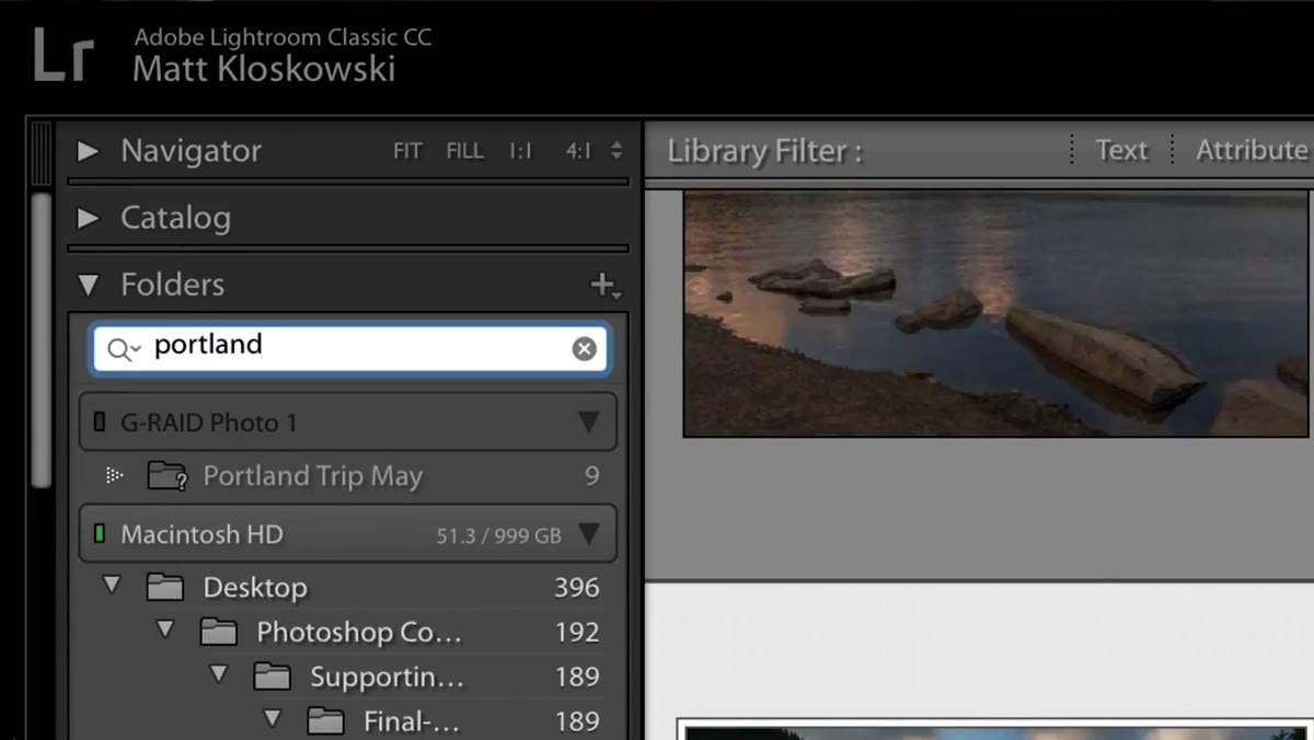 Typing &ldquo;Portland&rdquo; into folder search, results filtering in real time