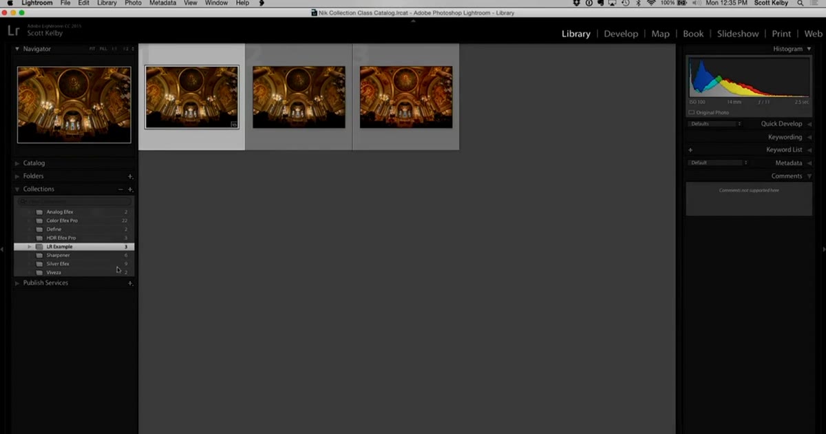 Three bracketed exposures shown side by side in Lightroom grid