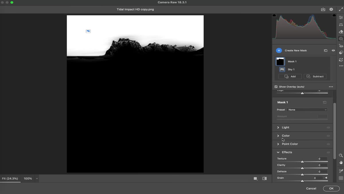 Luminance range slider visible below mask, narrowing selection to bright sky tones