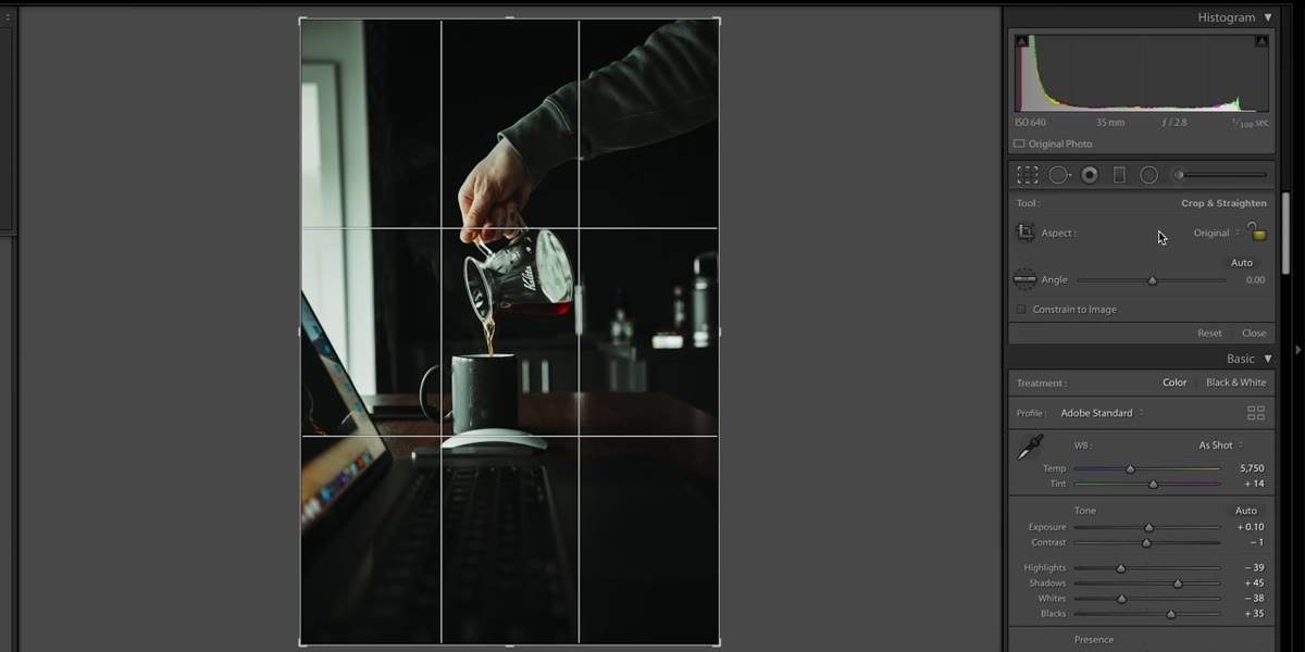 Coffee flat lay being reviewed inside Lightroom grid