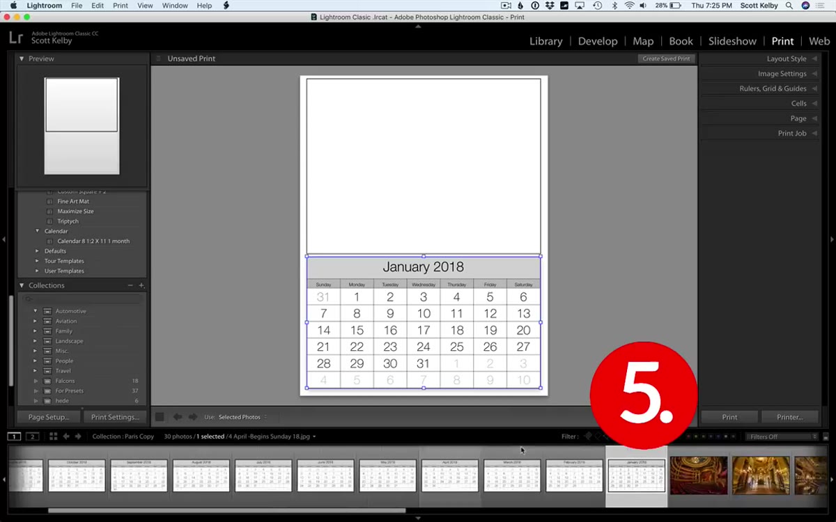 Completed January calendar page with photo in the Print module