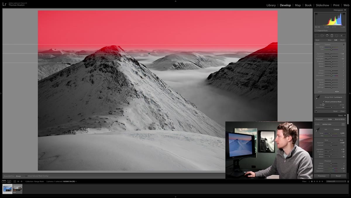 Red overlay showing luminance mask coverage on image